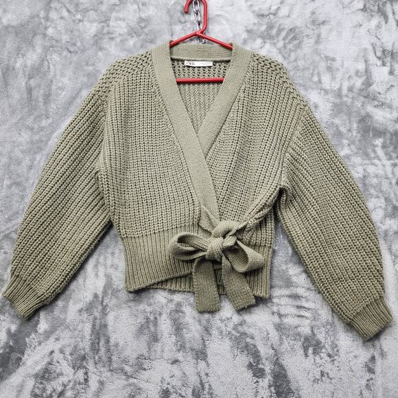 Zara Sweaters - Zara Sweater Womens S Green Wrap Belted Cropped Cardigan Oversized Preppy Casual